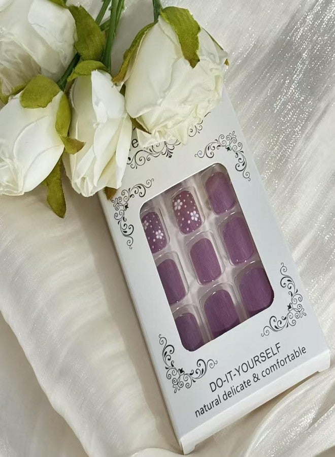 GRITOSE Short Square Press on Nail Flower Fake Nails Purple with Polka Dot designs Glossy Stick on Nail Full Cover Cute False Nails Spring Summer Glue on Nails Reusable Manicure for Women Girls 24pcs - Image 2